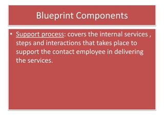 Blueprint Components
• Support process: covers the internal services ,
steps and interactions that takes place to
support the contact employee in delivering
the services.
 