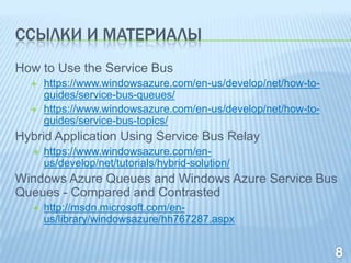 ССЫЛКИ И МАТЕРИАЛЫ
How to Use the Service Bus
      https://www.windowsazure.com/en-us/develop/net/how-to-
       guides/service-bus-queues/
      https://www.windowsazure.com/en-us/develop/net/how-to-
       guides/service-bus-topics/
Hybrid Application Using Service Bus Relay
      https://www.windowsazure.com/en-
       us/develop/net/tutorials/hybrid-solution/
Windows Azure Queues and Windows Azure Service Bus
Queues - Compared and Contrasted
      http://msdn.microsoft.com/en-
       us/library/windowsazure/hh767287.aspx
 