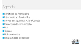 ■Benefícios da mensageria
■Introdução ao Service Bus
■Service Bus Queues x Azure Queues
■Protocolos de comunicação
■Filas
■Tópicos
■Hub de eventos
■Retransmissão de serviço
Agenda
 