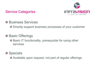 Service Categories

  Business Services
    Directly support business processes of your customer


  Basic Offerings
    Basic IT functionality, prerequisite for using other
    services


  Specials
    Available upon request, not part of regular offerings
 