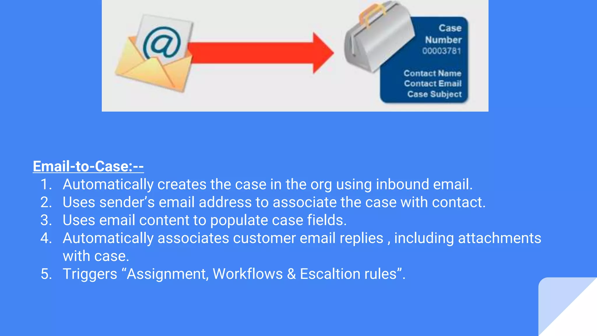 Email-to-Case:--
1. Automatically creates the case in the org using inbound email.
2. Uses sender’s email address to associate the case with contact.
3. Uses email content to populate case fields.
4. Automatically associates customer email replies , including attachments
with case.
5. Triggers “Assignment, Workflows & Escaltion rules”.
 