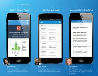 Deepa Patel
@HalakConsulting
“#salesforce1selfie Monthly activity
dashboard - duration hours and record
count.”
Luke Brindle Pat Patterson
@Luke_sfdc @metadaddy
“#salesforce1selfie I can monitor and
support large custom apps on the move.”
“My #salesforce1selfie: app showing how
to call external APIs, e.g. get issues from
@GitHubAPI.”
Track IT project hours Monitor app logs Access external systems
IT & ADMINISTRATION
 