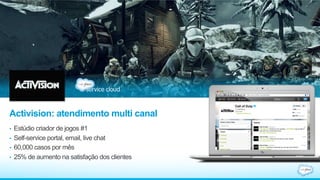 Activision: atendimento multi canal
•  Estúdio criador de jogos #1
•  Self-service portal, email, live chat
•  60,000 casos por mês
•  25% de aumento na satisfação dos clientes
 