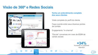 Visão de 360º e Redes Sociais
Tenha um entendimento completo
dos seus clientes
Visão completa do perfil do cliente
Faça a ponte entre seus diversos pontos
de contato
Engajamento “in-channel”
“Escute” conversas em mais de 650M de
canais sociais
+34%Increase in customer
retention
 
