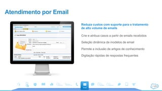 Atendimento por Email
Reduza custos com suporte para o tratamento
de alto volume de emails
Crie e atribua casos a partir de emails recebidos
Seleção dinâmica de modelos de email
Permite a inclusão de artigos de conhecimento
Digitação rápidas de respostas frequentes
 