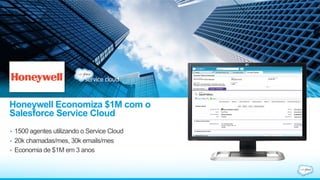 Honeywell Economiza $1M com o
Salesforce Service Cloud
•  1500 agentes utilizando o Service Cloud
•  20k chamadas/mes, 30k emails/mes
•  Economia de $1M em 3 anos
 