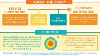 ABOUT THE STUDY
SERVICE
CONVENIENCE
PURPOSE
The purpose of this research is to
identify those customer groups for
which offering convenience will have
the highest leverage to increase
satisfaction.
a customer’s perception of
minimized time and effort
spent to obtain a service
CUSTOMER
SATISFACTION
a global evaluation based on
experience with the provider
over time
Read the entire article: Sabine Benoit, Sonja Klose, Andreas Ettinger, (2017): "Linking Service Convenience to Satisfaction: Dimensions and Key
Moderators", Journal of Services Marketing. https://doi.org/10.1108/JSM-10-2016-0353
DIMENSIONS
OF SERVICE
CONVENIENCE
KEY
MODERATORS
Previous research notes the significance of
service convenience, but the importance of
different dimensions of service convenience
and the role of key moderators affecting the
link between convenience and satisfaction
remain unaddressed.
 