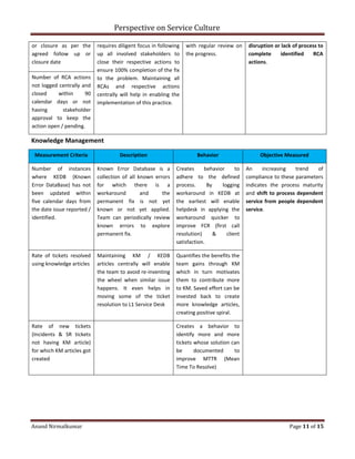 Perspective on Service Culture
Anand Nirmalkumar Page 11 of 15
or closure as per the
agreed follow up or
closure date
requires diligent focus in following
up all involved stakeholders to
close their respective actions to
ensure 100% completion of the fix
to the problem. Maintaining all
RCAs and respective actions
centrally will help in enabling the
implementation of this practice.
with regular review on
the progress.
disruption or lack of process to
complete identified RCA
actions.
Number of RCA actions
not logged centrally and
closed within 90
calendar days or not
having stakeholder
approval to keep the
action open / pending.
Knowledge Management
Measurement Criteria Description Behavior Objective Measured
Number of instances
where KEDB (Known
Error DataBase) has not
been updated within
five calendar days from
the date issue reported /
identified.
Known Error Database is a
collection of all known errors
for which there is a
workaround and the
permanent fix is not yet
known or not yet applied.
Team can periodically review
known errors to explore
permanent fix.
Creates behavior to
adhere to the defined
process. By logging
workaround in KEDB at
the earliest will enable
helpdesk in applying the
workaround quicker to
improve FCR (first call
resolution) & client
satisfaction.
An increasing trend of
compliance to these parameters
indicates the process maturity
and shift to process dependent
service from people dependent
service.
Rate of tickets resolved
using knowledge articles
Maintaining KM / KEDB
articles centrally will enable
the team to avoid re-inventing
the wheel when similar issue
happens. It even helps in
moving some of the ticket
resolution to L1 Service Desk
Quantifies the benefits the
team gains through KM
which in turn motivates
them to contribute more
to KM. Saved effort can be
invested back to create
more knowledge articles,
creating positive spiral.
Rate of new tickets
(Incidents & SR tickets
not having KM article)
for which KM articles got
created
Creates a behavior to
identify more and more
tickets whose solution can
be documented to
improve MTTR (Mean
Time To Resolve)
 