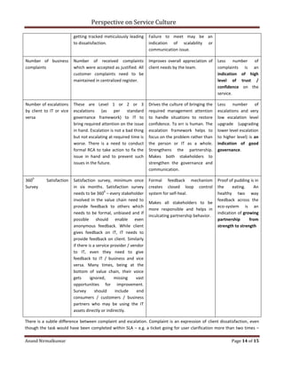 Perspective on Service Culture
Anand Nirmalkumar Page 14 of 15
getting tracked meticulously leading
to dissatisfaction.
Failure to meet may be an
indication of scalability or
communication issue.
Number of business
complaints
Number of received complaints
which were accepted as justified. All
customer complaints need to be
maintained in centralized register.
Improves overall appreciation of
client needs by the team.
Less number of
complaints is an
indication of high
level of trust /
confidence on the
service.
Number of escalations
by client to IT or vice
versa
These are Level 1 or 2 or 3
escalations (as per standard
governance framework) to IT to
bring required attention on the issue
in hand. Escalation is not a bad thing
but not escalating at required time is
worse. There is a need to conduct
formal RCA to take action to fix the
issue in hand and to prevent such
issues in the future.
Drives the culture of bringing the
required management attention
to handle situations to restore
confidence. To err is human. The
escalation framework helps to
focus on the problem rather than
the person or IT as a whole.
Strengthens the partnership.
Makes both stakeholders to
strengthen the governance and
communication.
Less number of
escalations and very
low escalation level
upgrade (upgrading
lower level escalation
to higher level) is an
indication of good
governance.
360
0
Satisfaction
Survey
Satisfaction survey, minimum once
in six months. Satisfaction survey
needs to be 360
0
– every stakeholder
involved in the value chain need to
provide feedback to others which
needs to be formal, unbiased and if
possible should enable even
anonymous feedback. While client
gives feedback on IT, IT needs to
provide feedback on client. Similarly
if there is a service provider / vendor
to IT, even they need to give
feedback to IT / business and vice
versa. Many times, being at the
bottom of value chain, their voice
gets ignored, missing vast
opportunities for improvement.
Survey should include end
consumers / customers / business
partners who may be using the IT
assets directly or indirectly.
Formal feedback mechanism
creates closed loop control
system for self-heal.
Makes all stakeholders to be
more responsible and helps in
inculcating partnership behavior.
Proof of pudding is in
the eating. An
healthy two way
feedback across the
eco-system is an
indication of growing
partnership from
strength to strength
There is a subtle difference between complaint and escalation. Complaint is an expression of client dissatisfaction, even
though the task would have been completed within SLA – e.g. a ticket going for user clarification more than two times –
 
