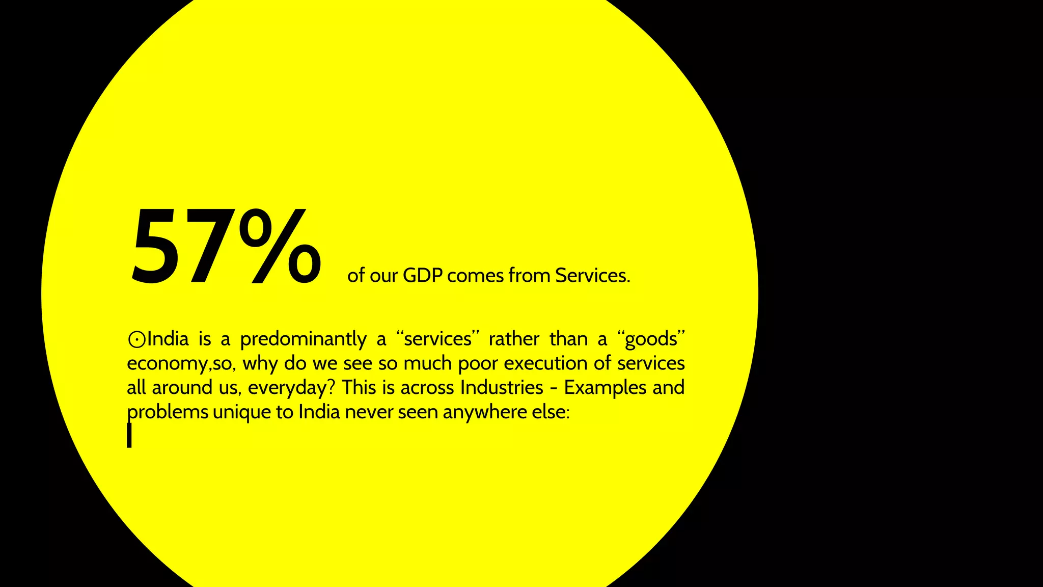 57% of our GDP comes from Services.
⊙India is a predominantly a “services” rather than a “goods”
economy,so, why do we see so much poor execution of services
all around us, everyday? This is across Industries - Examples and
problems unique to India never seen anywhere else:
 