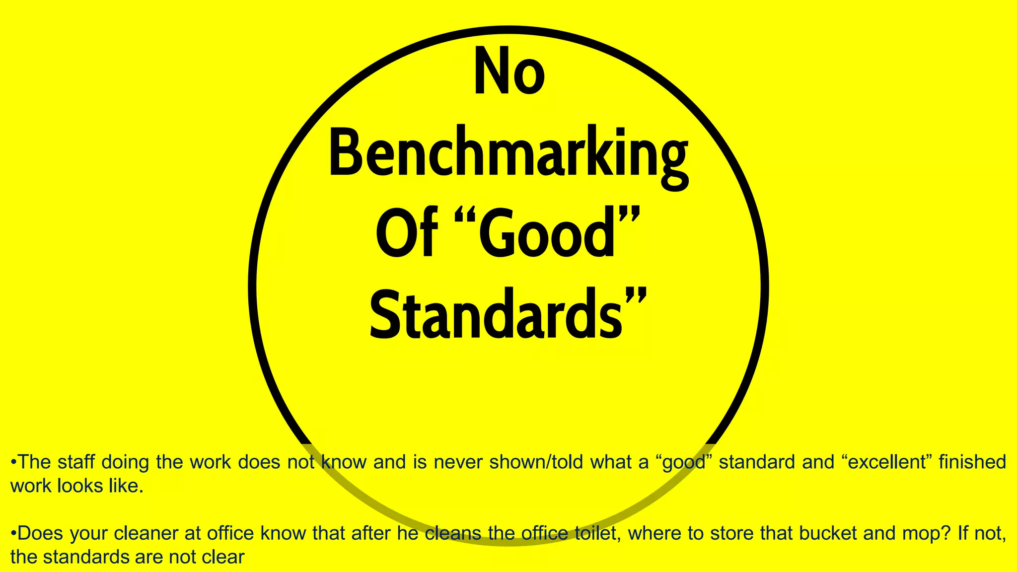 No
Benchmarking
Of “Good”
Standards”
•The staff doing the work does not know and is never shown/told what a “good” standard and “excellent” finished
work looks like.
•Does your cleaner at office know that after he cleans the office toilet, where to store that bucket and mop? If not,
the standards are not clear
 