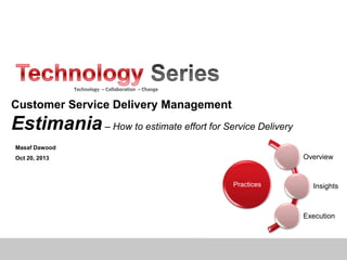 Customer Service Delivery Management

Estimania – How to estimate effort for Service Delivery
Masaf Dawood

Overview

Oct 20, 2013

Practices

Insights

Execution

 