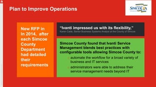 Plan to Improve Operations
Simcoe County found that Ivanti Service
Management blends best practices with
configurable tools allowing Simcoe County to:
o automate the workflow for a broad variety of
business and IT services
o administrators were able to address their
service management needs beyond IT
New RFP in
In 2014, after
each Simcoe
County
Department
had detailed
their
requirements
“Ivanti impressed us with its flexibility,”
Karen Cade, Senior Business Systems Analyst at the County of Simcoe
 
