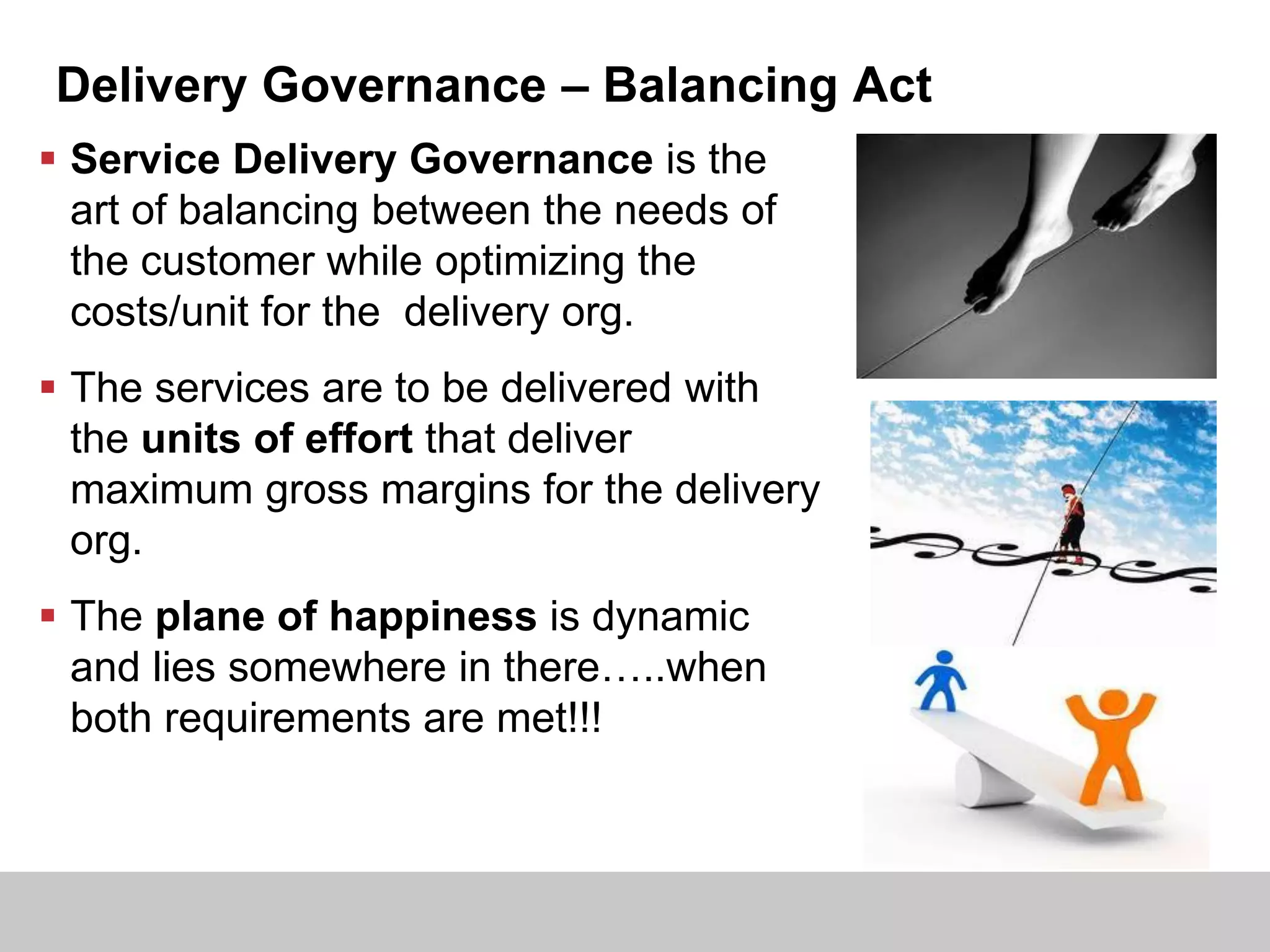 Delivery Governance – Balancing Act
 Service Delivery Governance is the
art of balancing between the needs of
the customer while optimizing the
costs/unit for the delivery org.
 The services are to be delivered with
the units of effort that deliver
maximum gross margins for the delivery
org.
 The plane of happiness is dynamic
and lies somewhere in there…..when
both requirements are met!!!
 
