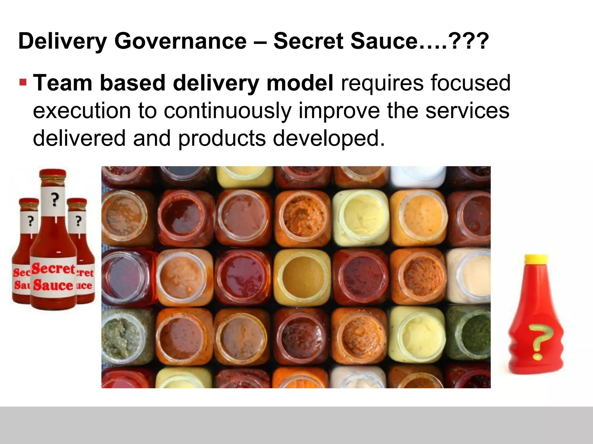 Delivery Governance – Secret Sauce….???
 Team based delivery model requires focused
execution to continuously improve the services
delivered and products developed.
 