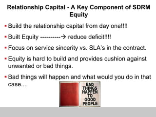 Relationship Capital - A Key Component of SDRM
Equity
 Build the relationship capital from day one!!!!
 Built Equity ---------- reduce deficit!!!!
 Focus on service sincerity vs. SLA’s in the contract.
 Equity is hard to build and provides cushion against
unwanted or bad things.
 Bad things will happen and what would you do in that
case….
 