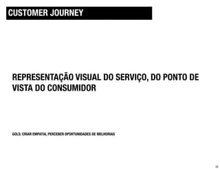 CUSTOMER JOURNEY




REPRESENTAÇÃO VISUAL DO SERVIÇO, DO PONTO DE
VISTA DO CONSUMIDOR



GOLS: CRIAR EMPATIA, PERCEBER OPORTUNIDADES DE MELHORIAS




                                                           32
 