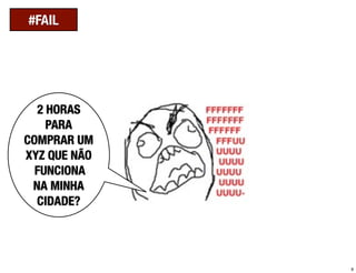 #FAIL




  2 HORAS
    PARA
COMPRAR UM
XYZ QUE NÃO
  FUNCIONA
 NA MINHA
  CIDADE?




              9
 