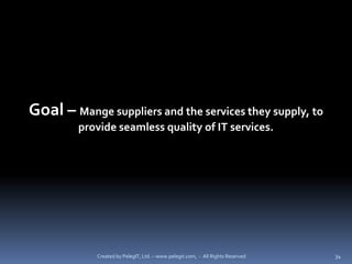 Goal – Mange suppliers and the services they supply, to
         provide seamless quality of IT services.




            Created by PelegIT, Ltd. – www.pelegit.com, - All Rights Reserved   34
 