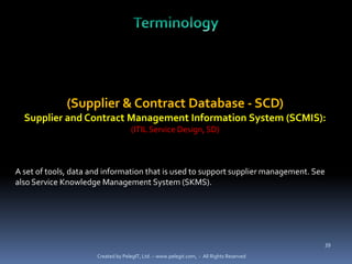 (Supplier & Contract Database - SCD)
  Supplier and Contract Management Information System (SCMIS):
                                    (ITIL Service Design, SD)



A set of tools, data and information that is used to support supplier management. See
also Service Knowledge Management System (SKMS).




                                                                                          39

                      Created by PelegIT, Ltd. – www.pelegit.com, - All Rights Reserved
 