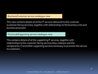 Business/Customer service catalogue view

This view contains details of all the IT services delivered to the customer.
(customer facing services), together with relationships to the business units and
business processes.

 Technical/Supporting service catalogue view

This contains details of all the supporting IT services, together with
relationships to the customer-facing services they underpin and the
components, CI and other supporting services necessary to provision the service
to customers.




                                                                                        46

                    Created by PelegIT, Ltd. – www.pelegit.com, - All Rights Reserved
 