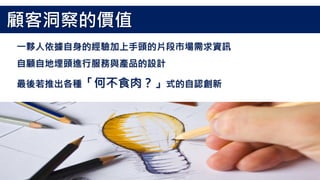 一夥人依據自身的經驗加上手頭的片段市場需求資訊
自顧自地埋頭進行服務與產品的設計
最後若推出各種「何不食肉？」式的自認創新
顧客洞察的價值
 