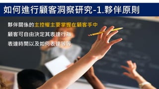 夥伴關係的主控權主要掌握在顧客手中
顧客可自由決定其表達行為
表達時間以及如何表達等等
如何進行顧客洞察研究-1.夥伴原則
 