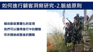 藉由脈絡實體化的呈現
我們可以獲得進行中的體驗
而非歸納統整後的體驗
如何進行顧客洞察研究-2.脈絡原則
 