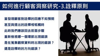 當發現顧客對詮釋的回應不如預期
甚至與提出的詮釋相牴觸時
此時我們應該回去前面步驟
重新檢視哪一個環節出現錯誤
是在蒐集觀察資料時出現的錯誤？
還是詮釋時的方向錯誤？
如何進行顧客洞察研究-3.詮釋原則
 