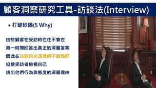 由於顧客在受訪時往往不會在
第一時間回答出真正的深層答案
因此在訪談時必須透過不斷詢問
迫使受訪者檢視自己
說出他們行為與態度的深層理由
˙打破砂鍋(5 Why)
顧客洞察研究工具-訪談法(Interview)
 