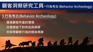 透過顧客所處的環境
從裡頭留下的物品與痕跡
來探尋顧客行為的蛛絲馬跡
3.行為考古(Behavior Archeology)
顧客洞察研究工具-行為考古 (Behavior Archeology)
 