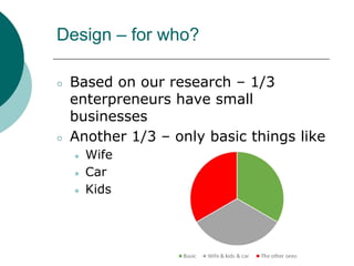 Design – for who?
○ Based on our research – 1/3
enterpreneurs have small
businesses
○ Another 1/3 – only basic things like
● Wife
● Car
● Kids
 