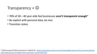 Transparency + 
• 70% of 20 – 40 year-olds feel businesses aren’t transparent enough*
• Be explicit with personal data, be nice
• Transition states
* 2014 survey of 2,012 consumers in USA & UK - https://newsroom.accenture.com/news/eighty-percent-of-consumers-believe-
total-data-privacy-no-longer-exists-accenture-survey-finds.htm
 