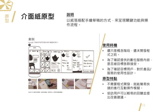 介面紙原型
11
使用時機
• 還只是概念階段，還未開發程
式之前。
• 為了確認提供的數位服務內容，
是否被目標族群接受。
• 為了確認目標用戶，對於產品/
服務的使用性設計。
原型特點
• 不需要程式開發，就能簡易快
速的進行互動操作模擬。
• 受訪用戶可以輕易的回饋並提
出改善建議。
說明
以紙張搭配手繪草稿的方式，來呈現關鍵功能與操
作流程。
原
型
 