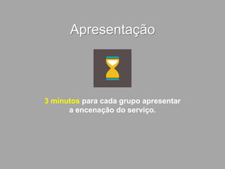 Apresentação
3 minutos para cada grupo apresentar
a encenação do serviço.
 