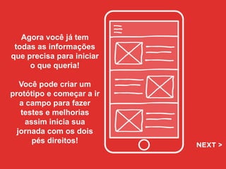 Agora você já tem
todas as informações
que precisa para iniciar
o que queria!
Você pode criar um
protótipo e começar a ir
a campo para fazer
testes e melhorias
assim inicia sua
jornada com os dois
pés direitos!
 