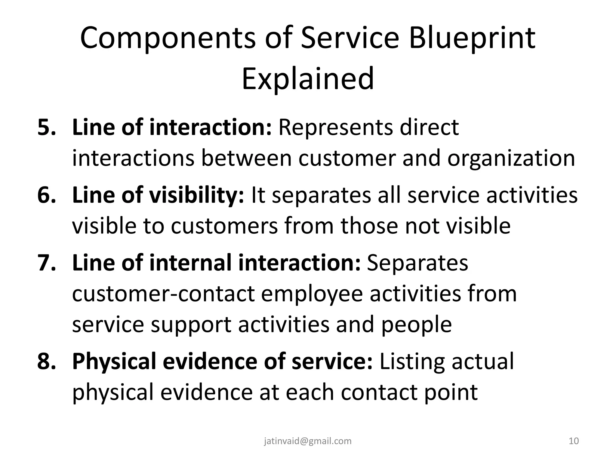 Components of Service Blueprint
Explained
5. Line of interaction: Represents direct
interactions between customer and organization
6. Line of visibility: It separates all service activities
visible to customers from those not visible
7. Line of internal interaction: Separates
customer-contact employee activities from
service support activities and people
8. Physical evidence of service: Listing actual
physical evidence at each contact point
10jatinvaid@gmail.com
 