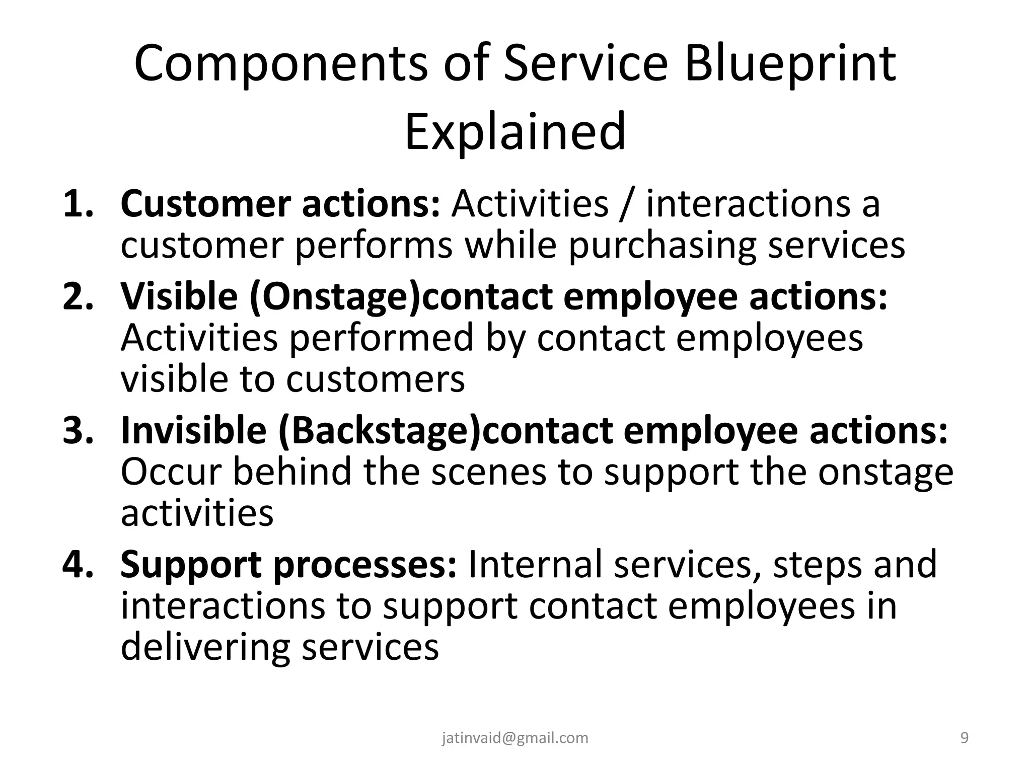 Components of Service Blueprint
Explained
1. Customer actions: Activities / interactions a
customer performs while purchasing services
2. Visible (Onstage)contact employee actions:
Activities performed by contact employees
visible to customers
3. Invisible (Backstage)contact employee actions:
Occur behind the scenes to support the onstage
activities
4. Support processes: Internal services, steps and
interactions to support contact employees in
delivering services
9jatinvaid@gmail.com
 