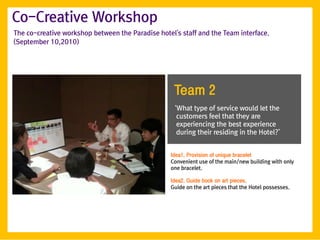 Co-Creative Workshop
The co-creative workshop between the Paradise hotel's staff and the Team interface.
(September 10,2010)




                                                    Team 2
                                                    ‘What type of service would let the
                                                     customers feel that they are
                                                     experiencing the best experience
                                                     during their residing in the Hotel?’


                                                   Idea1. Provision of unique bracelet
                                                   Convenient use of the main/new building with only
                                                   one bracelet.

                                                   Idea2. Guide book on art pieces.
                                                   Guide on the art pieces that the Hotel possesses.
 