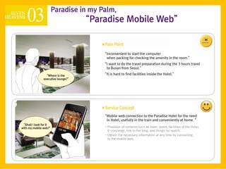 Paradise in my Palm,
          ‚Paradise Mobile Web‛


                ‚Inconvenient to start the computer
                 when packing for checking the amenity in the room.‛
                ‚I want to do the travel preparation during the 3 hours travel
                 to Busan from Seoul.‛
                ‚It is hard to find facilities inside the Hotel.‛




                ‚Mobile web connection to the Paradise Hotel for the need
                 in Hotel, usefully in the train and conveniently at home. ‚
                - Provision of contents such as room, event, facilities of the Hotel,
                  E-concierge, link to the blog, and things-to-watch.
                - Obtain the necessary information at any time by connecting
                  to the mobile web.
 