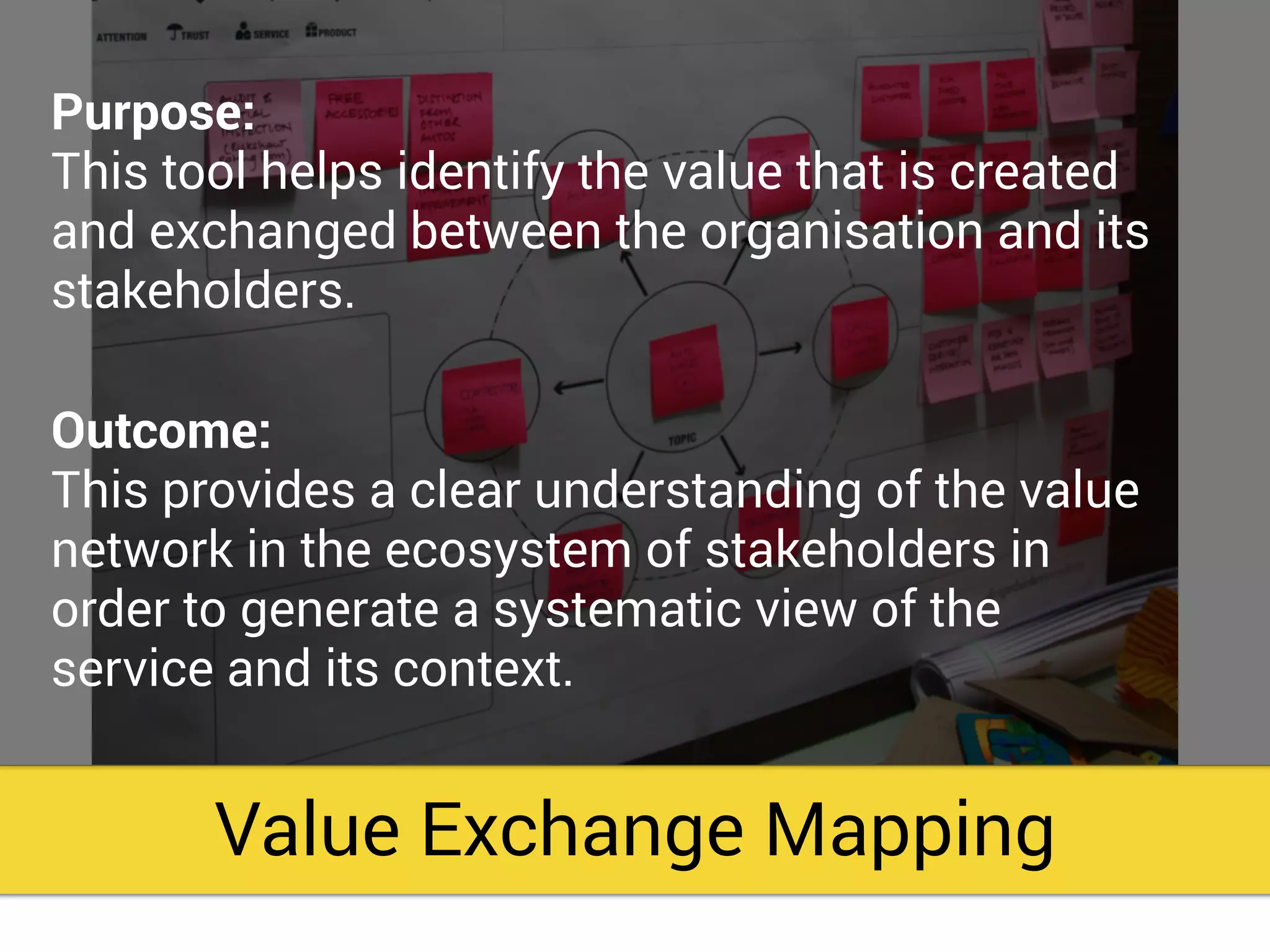 Value Exchange Mapping
Purpose:
This tool helps identify the value that is created
and exchanged between the organisation and its
stakeholders.
Outcome:
This provides a clear understanding of the value
network in the ecosystem of stakeholders in
order to generate a systematic view of the
service and its context.
 