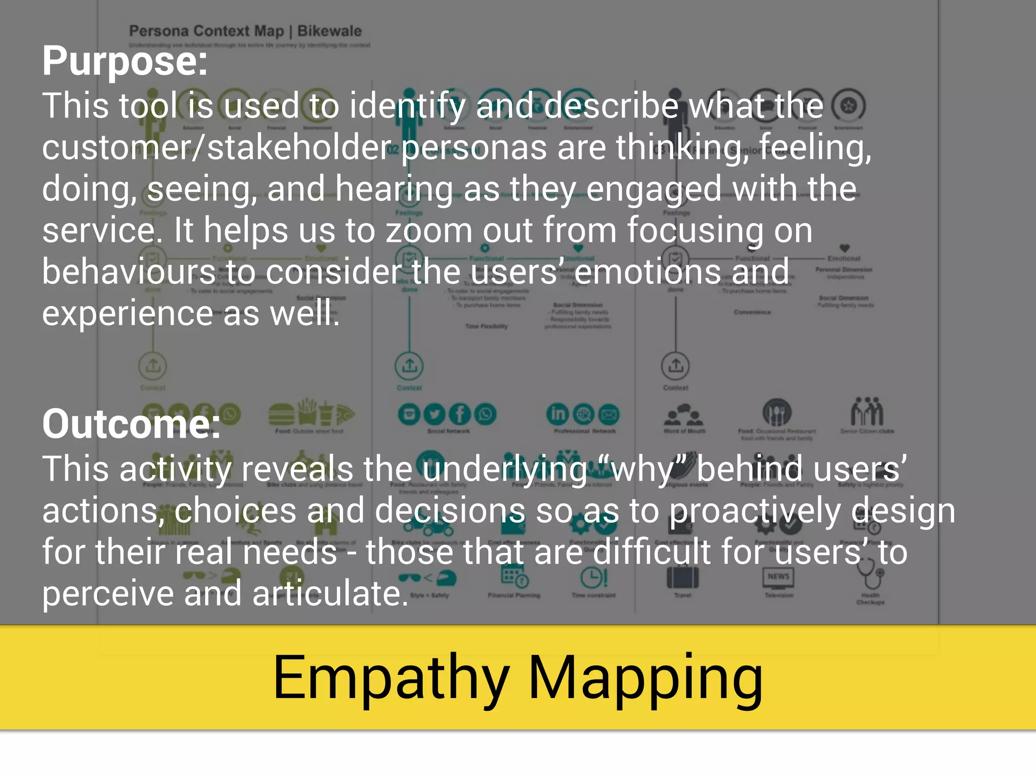 Empathy Mapping
Purpose:
This tool is used to identify and describe what the
customer/stakeholder personas are thinking, feeling,
doing, seeing, and hearing as they engaged with the
service. It helps us to zoom out from focusing on
behaviours to consider the users’ emotions and
experience as well.
Outcome:
This activity reveals the underlying “why” behind users’
actions, choices and decisions so as to proactively design
for their real needs - those that are difﬁcult for users’ to
perceive and articulate.
 