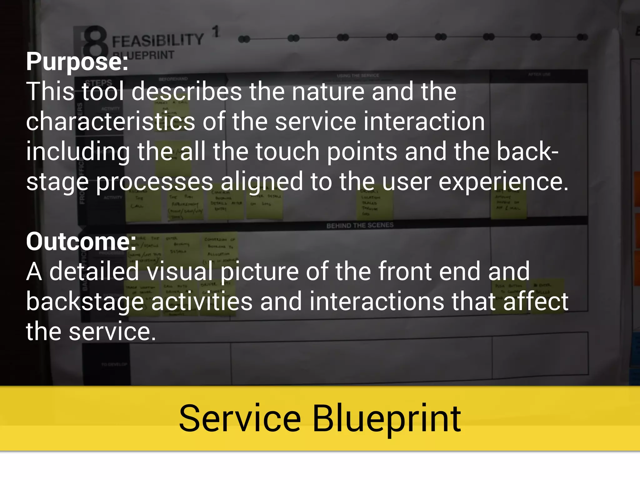 Service Blueprint
Purpose:
This tool describes the nature and the
characteristics of the service interaction
including the all the touch points and the back-
stage processes aligned to the user experience.
Outcome:
A detailed visual picture of the front end and
backstage activities and interactions that affect
the service.
 