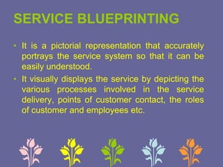 SERVICE BLUEPRINTING
• It is a pictorial representation that accurately
portrays the service system so that it can be
easily understood.
• It visually displays the service by depicting the
various processes involved in the service
delivery, points of customer contact, the roles
of customer and employees etc.
 