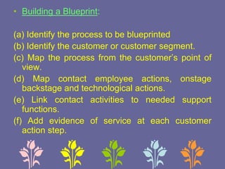 • Building a Blueprint:
(a) Identify the process to be blueprinted
(b) Identify the customer or customer segment.
(c) Map the process from the customer’s point of
view.
(d) Map contact employee actions, onstage
backstage and technological actions.
(e) Link contact activities to needed support
functions.
(f) Add evidence of service at each customer
action step.
 