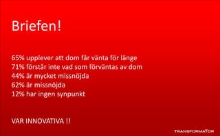 Briefen!
65% upplever att dom får vänta för länge
71% förstår inte vad som förväntas av dom
44% är mycket missnöjda
62% är missnöjda
12% har ingen synpunkt
VAR INNOVATIVA !!
 