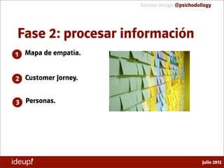 Service design @psichodollogy




Fase 2: procesar información
1 Mapa de empatía.


2 Customer Jorney.


3 Personas.




 ...