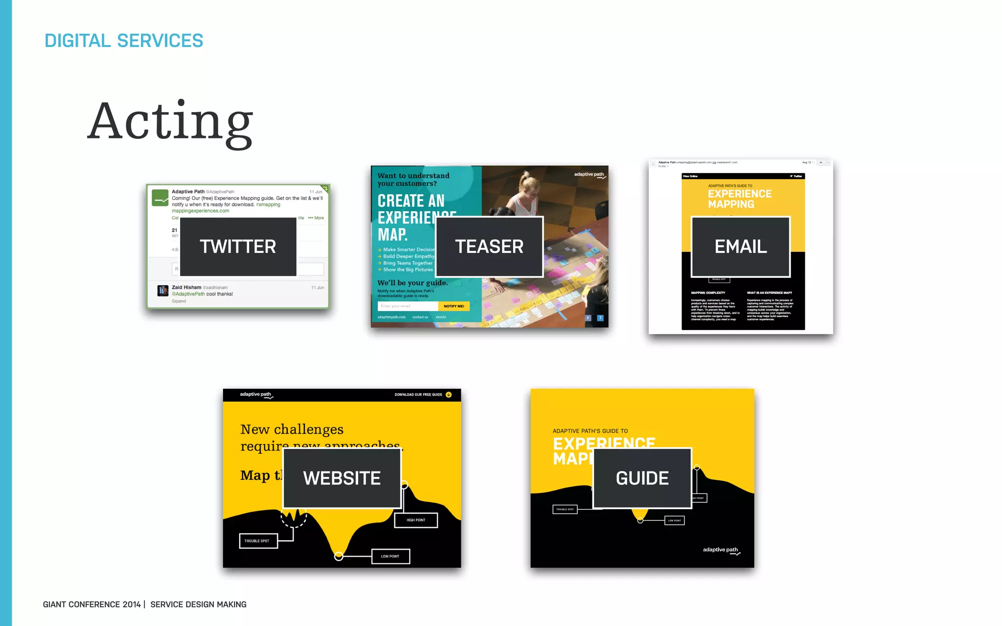 Acting
DIGITAL SERVICES
TROUBLE SPOT
LOW POINT
HIGH POINT
ADAPTIVE PATH'S GUIDE TO
EXPERIENCE
MAPPING
GIANT CONFERENCE 2014 | SERVICE DESIGN MAKING
TWITTER TEASER EMAIL
WEBSITE GUIDE
 