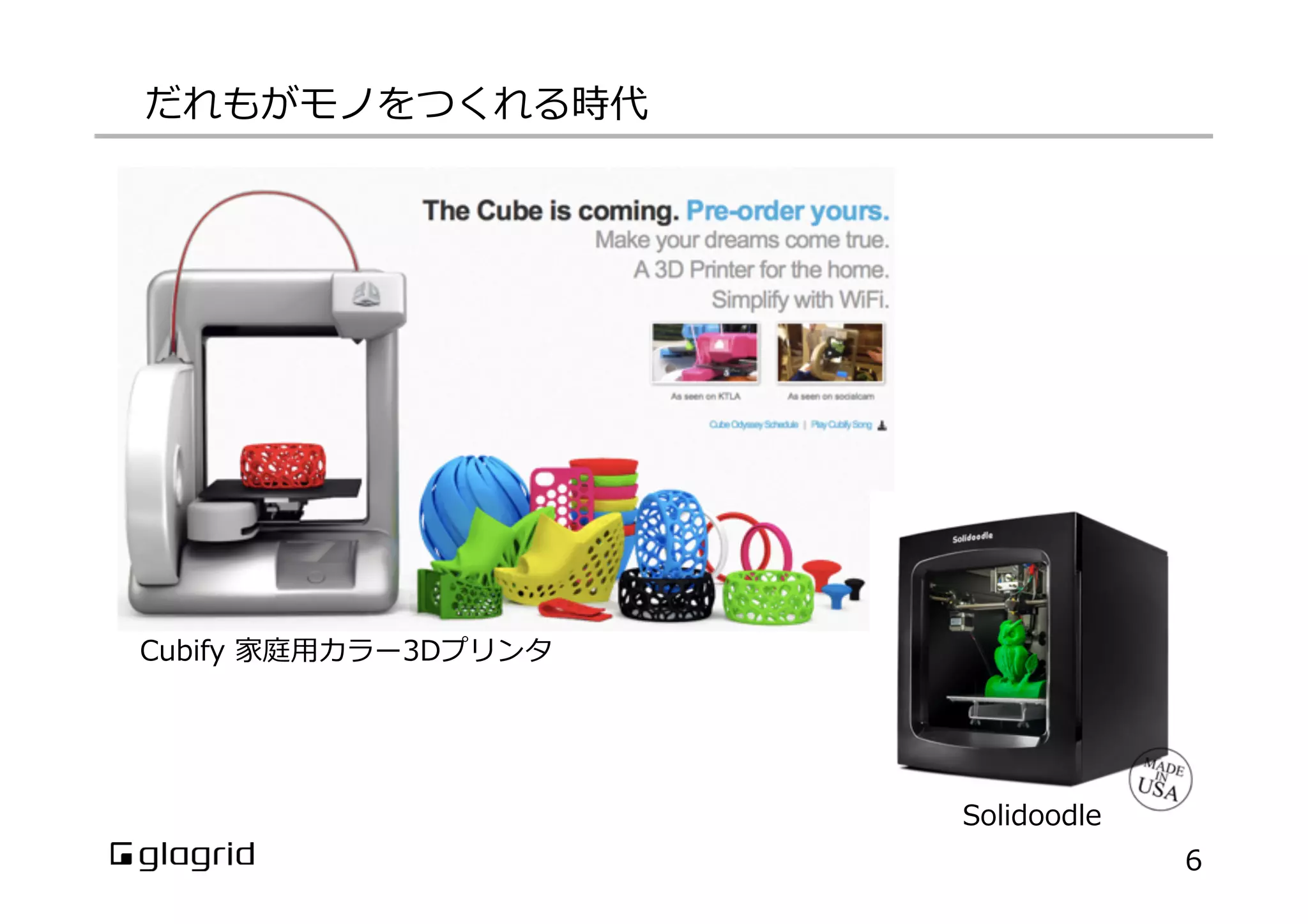 だれもがモノをつくれる時代
6
Cubify  家庭⽤用カラー3Dプリンタ
Solidoodle
 