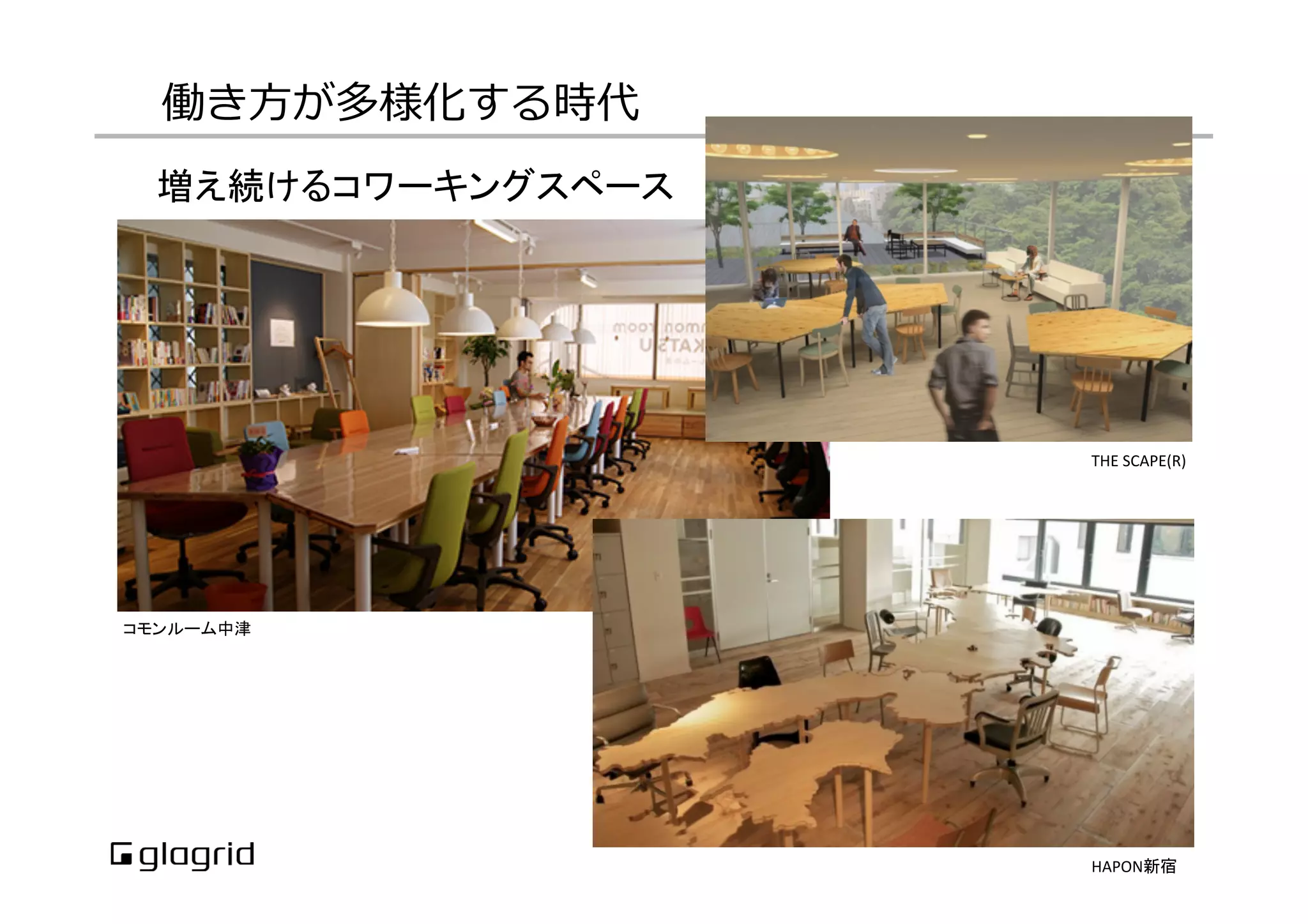 働き⽅方が多様化する時代
増え続けるコワーキングスペース	
コモンルーム中津	
HAPON新宿	
THE	
  SCAPE(R)	
 